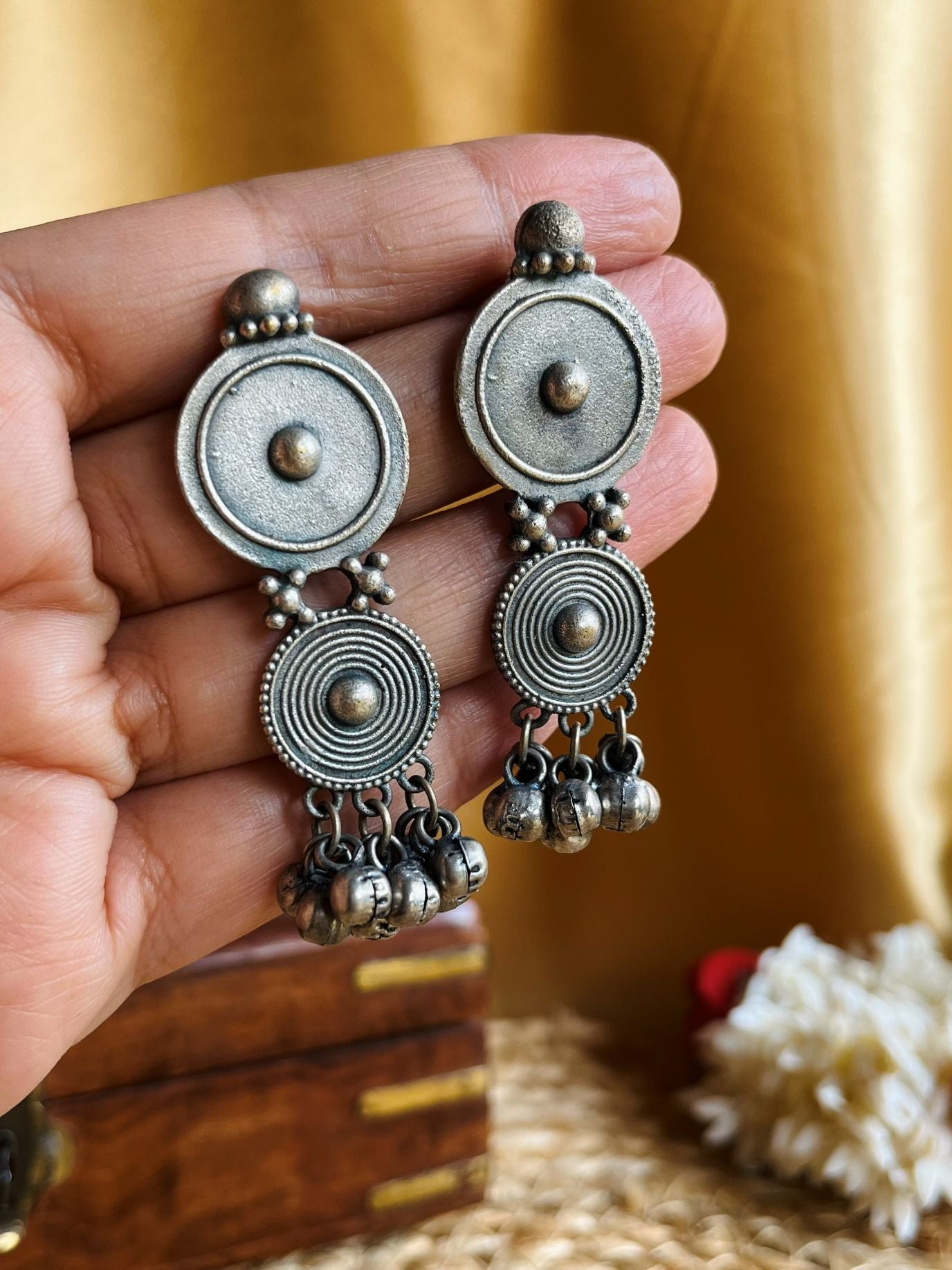 Buy Antique Silver Look Oxidized Ghungroo Earrings online in India. Shop oxidized jewellery for festivals and office and daily wearing in affordable range.