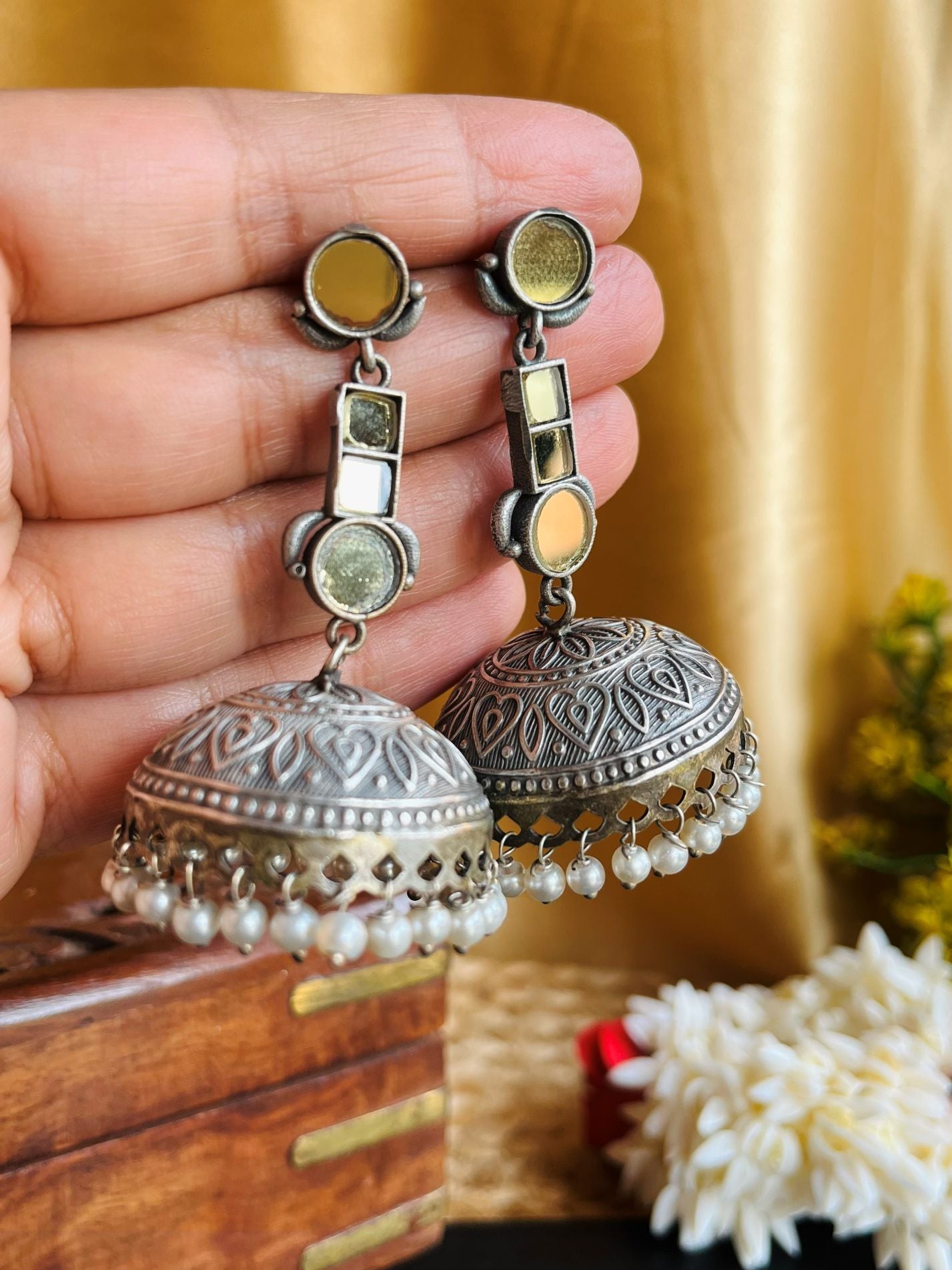 Buy Sabeeka Mirror Oxidized Jhumka Earrings online in India. Shop oxidized jewellery for festivals and office and daily wearing in affordable range.