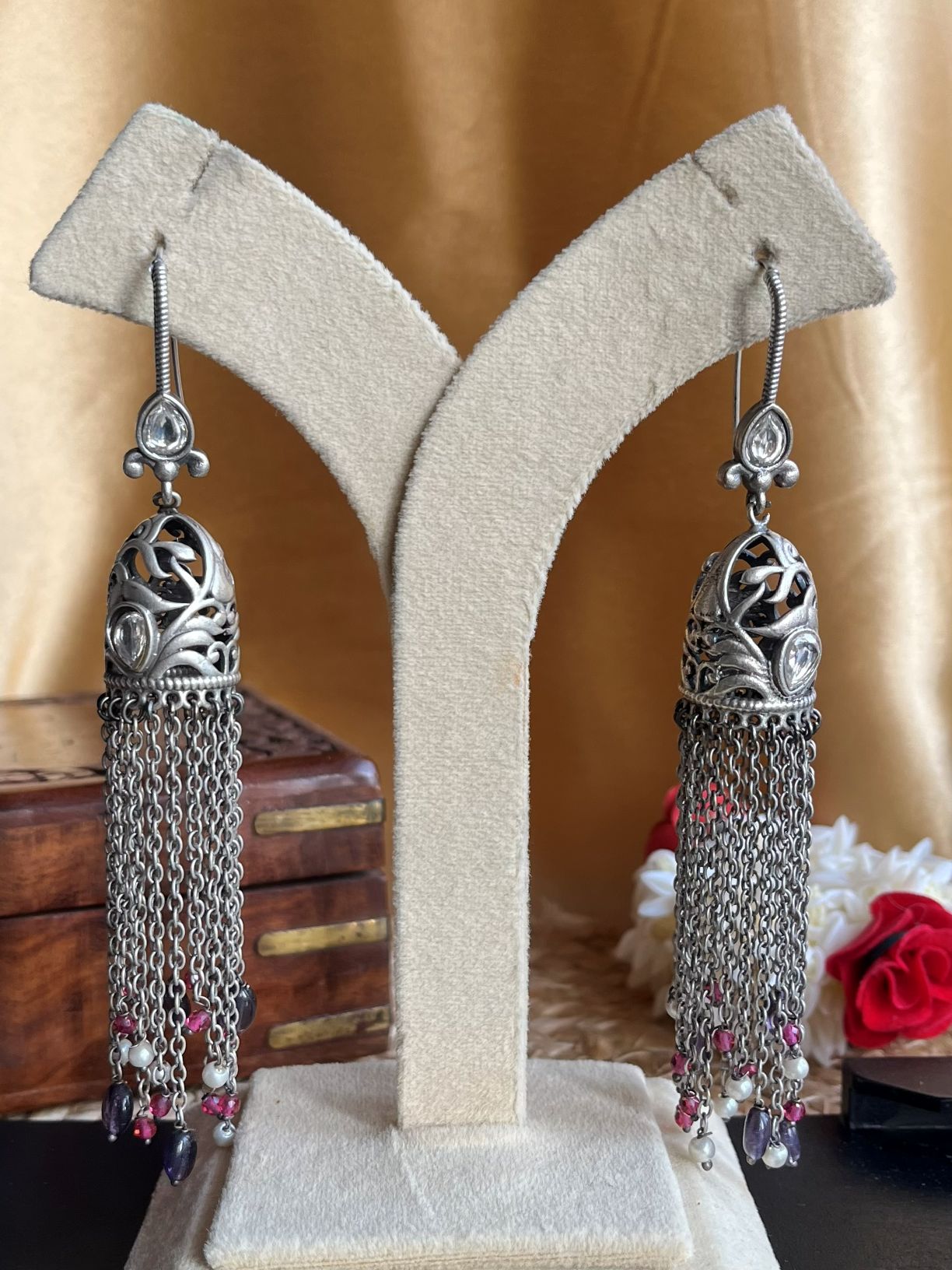Buy Jasmine Antique Heavy Hanging Silver Earrings online in India. Shop oxidized jewellery for festivals and office and daily wearing in affordable range.