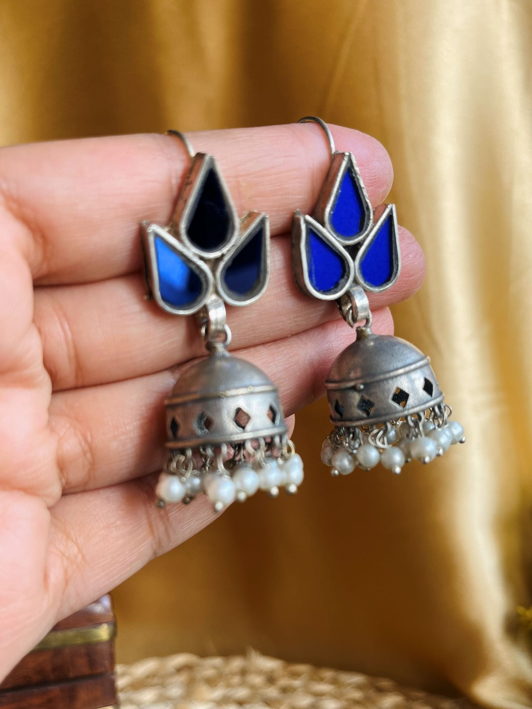 BuyZoha Glass Small Oxidized Jhumka Earrings In Blue online in India. Shop oxidized jewellery for festivals and office and daily wearing in affordable range.