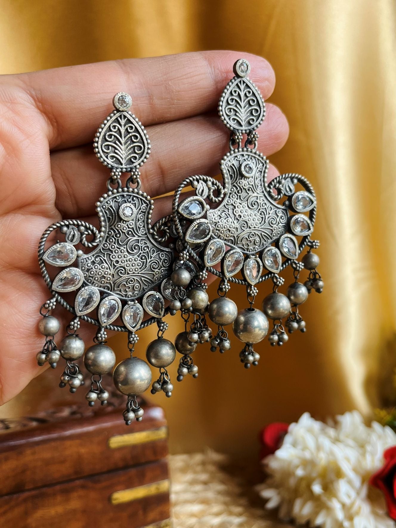 Buy Pritha Stone Studded Big Oxidized Earrings online in India. Shop oxidized jewellery for festivals and office and daily wearing in affordable range.