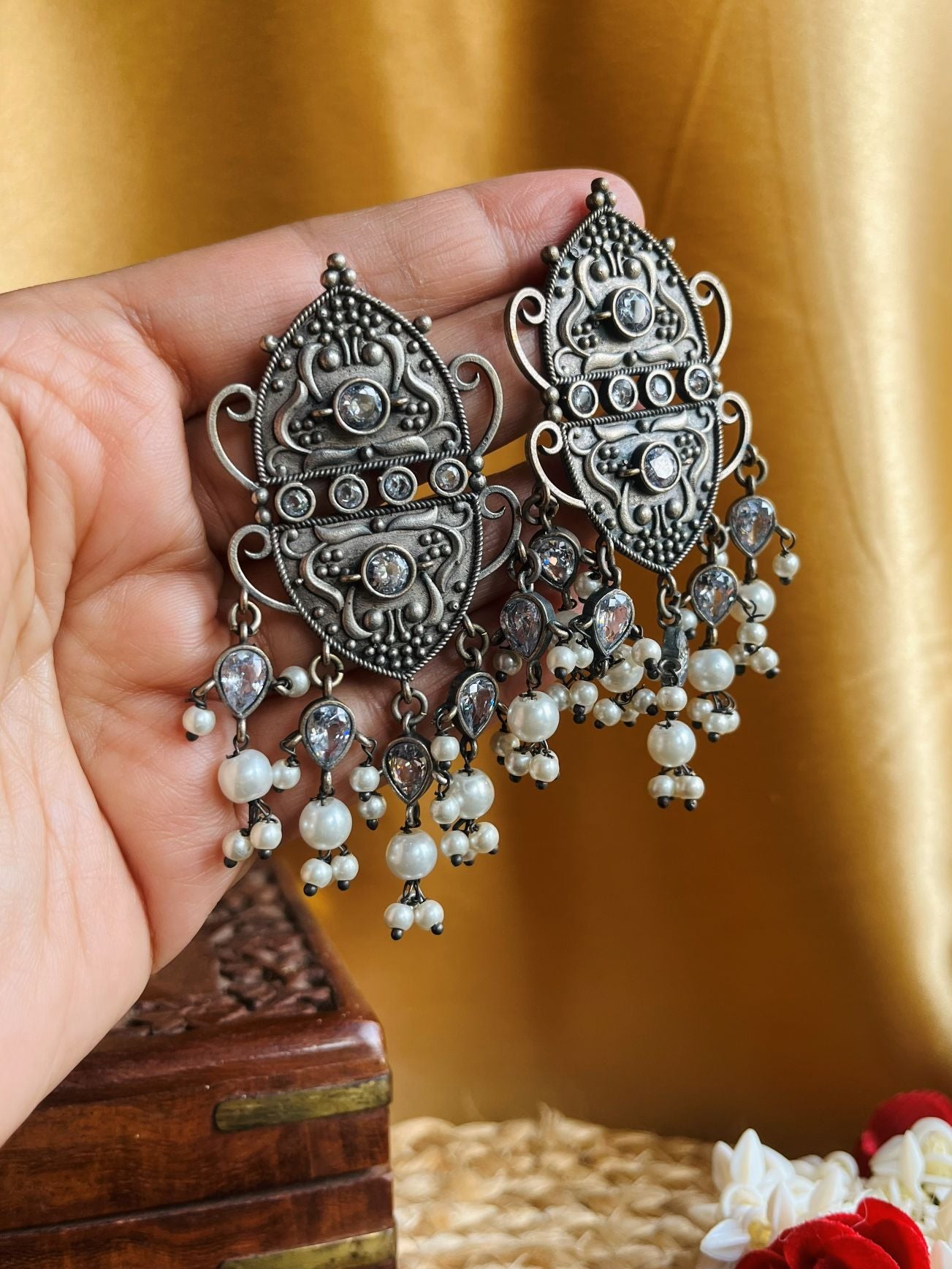 Buy Navya Stone Studded Oxidized Big Earrings online in India. Shop oxidized jewellery for festivals and office and daily wearing in affordable range.