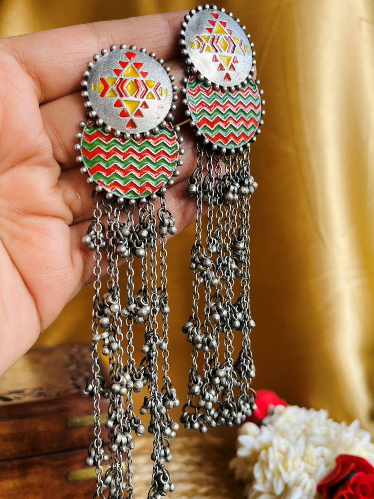 Buy Amaara Enamel Ghungroo Dangler Earrings online in India. Shop oxidized jewellery for festivals and office and daily wearing in affordable range.