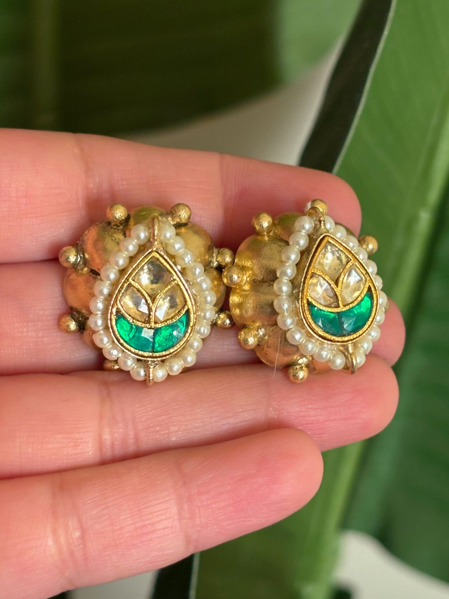 Shop Traditional Drop Shaped Kundan Stud Earrings In Green online in India. Shop from an exclusive range of CZ jewellery, gold plated, silver, mehendi polish earrings. -first