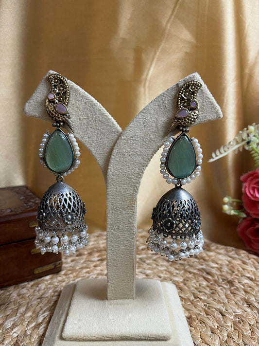 Shop Silver Plated Jhumka Earrings In Blue Stone online in India. Shop oxidized jewellery for festivals and office and daily wearing in affordable range. Buy at discounts.