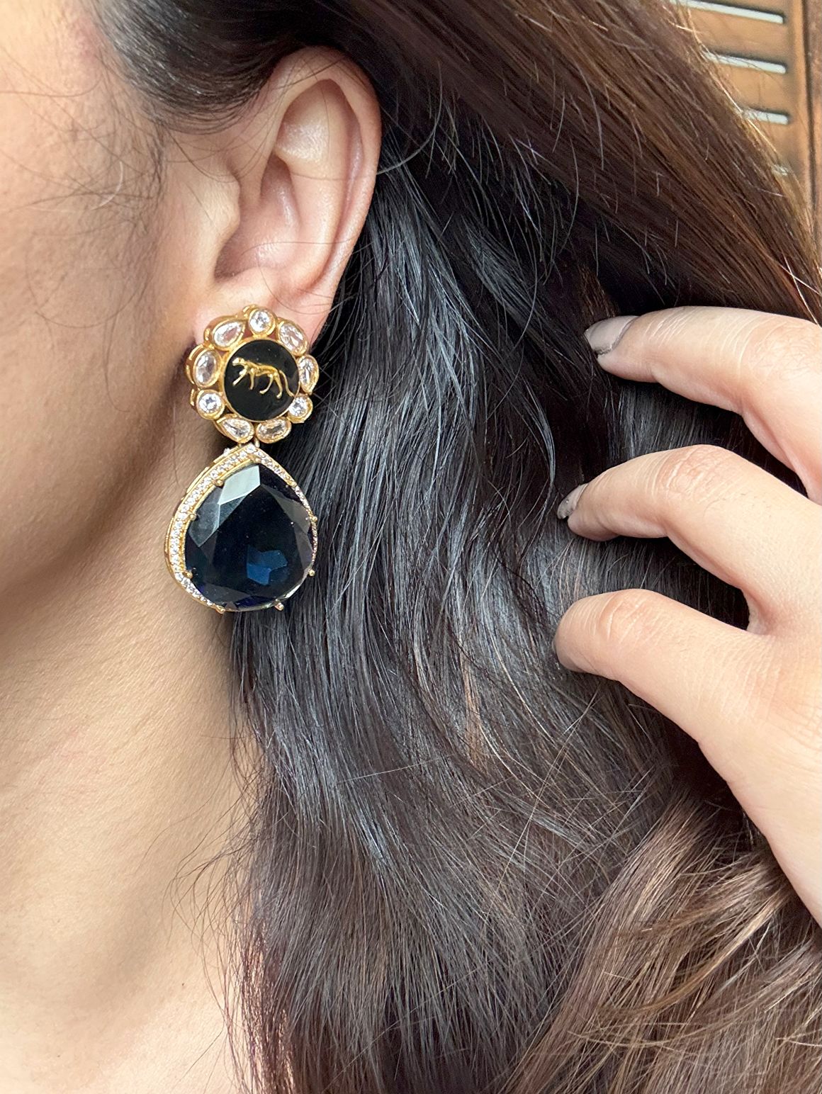 Buy Sabya Inspired Doublet Stone Night Blue Danglers online in India. Shop from an exclusive range of CZ jewellery, gold plated, silver, mehendi polish earrings. -side