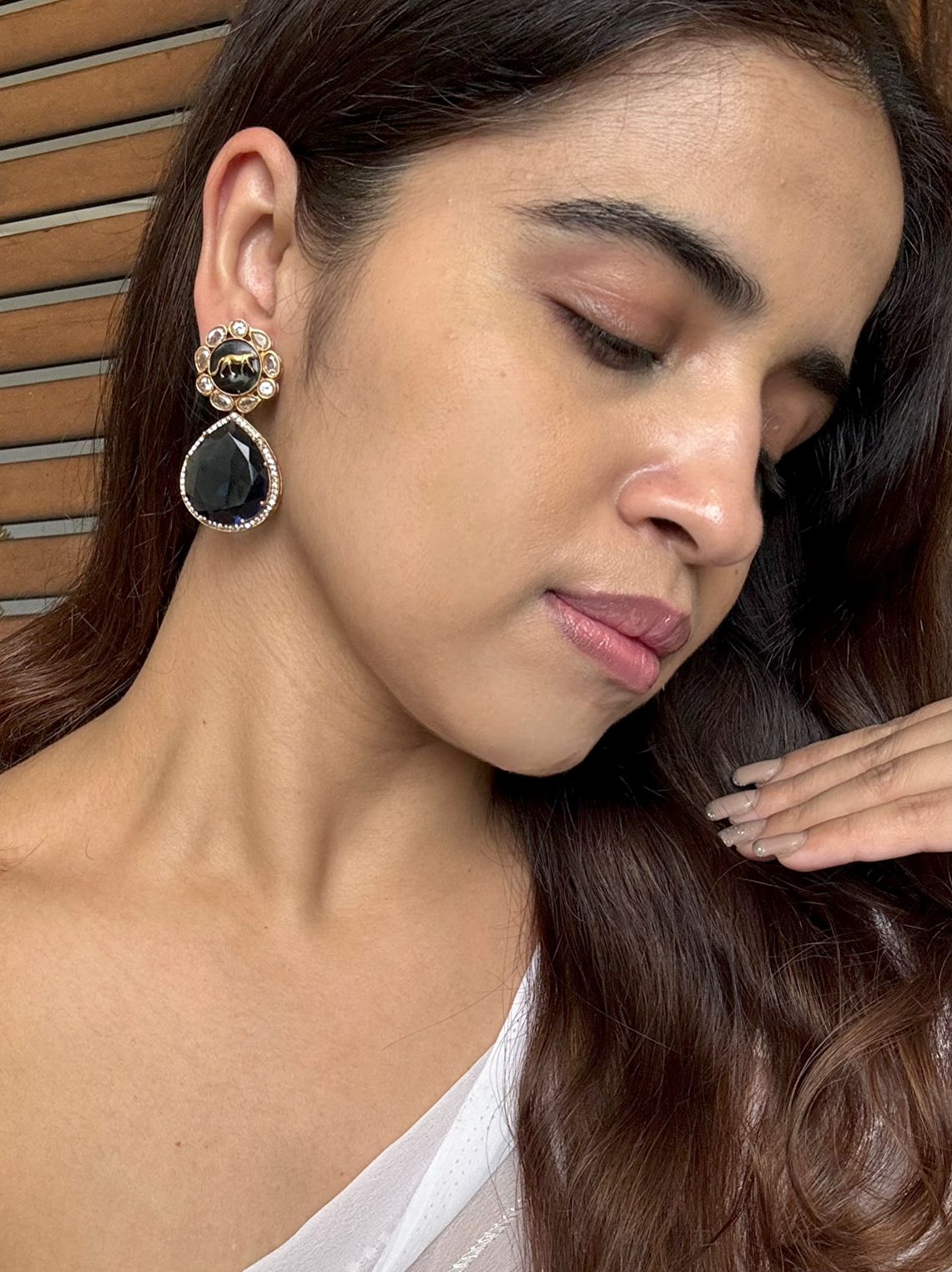 Buy Sabya Inspired Doublet Stone Night Blue Danglers online in India. Shop from an exclusive range of CZ jewellery, gold plated, silver, mehendi polish earrings. -second