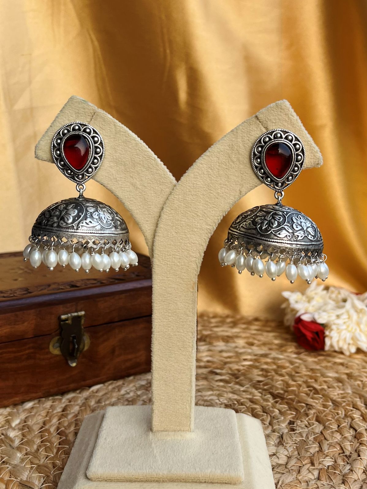Shop Ayra Silver Plated Red Stone Oversized Jhumka online in India. Shop oxidized jewellery for festivals and office and daily wearing in affordable range.