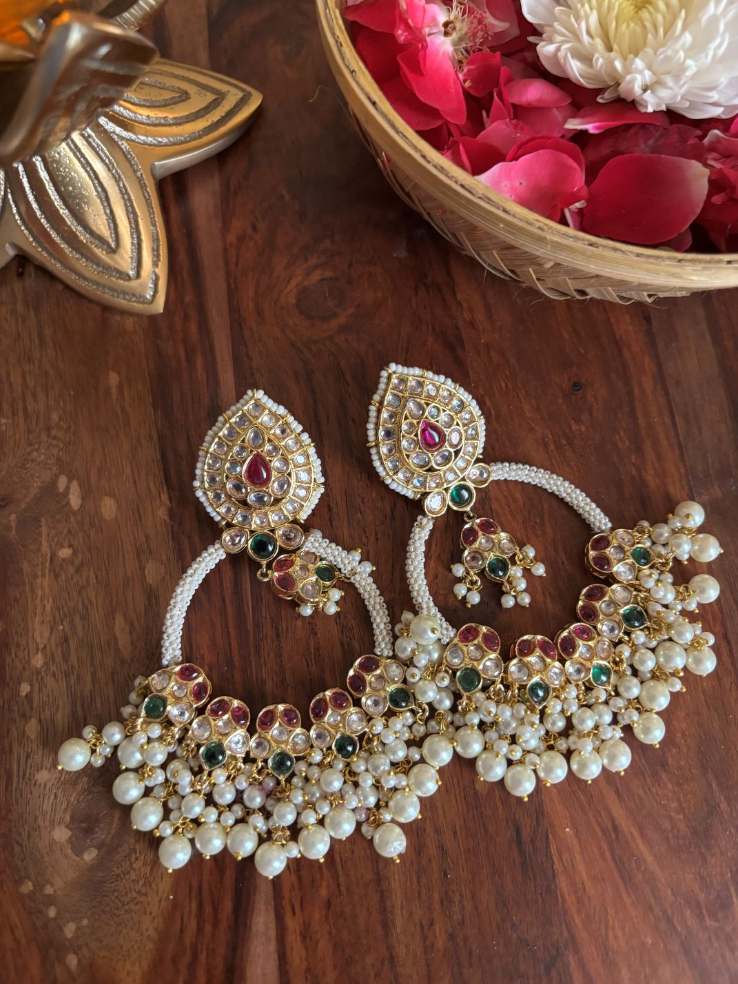 Shop Sonam Pure Brass Heavy Meenakari Chandbaali In Kundan online in India. Shop from an exclusive range of CZ jewellery, gold plated, silver, mehendi polish earrings. -side