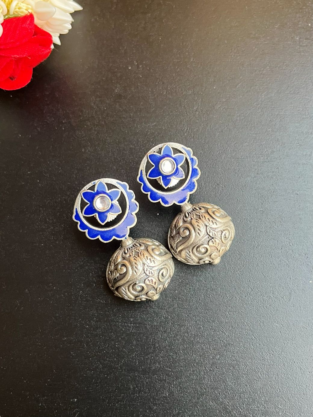 Shop Faria Antique Silver Enamel Earrings online in India. Shop oxidized jewellery for festivals and office and daily wearing in affordable range.