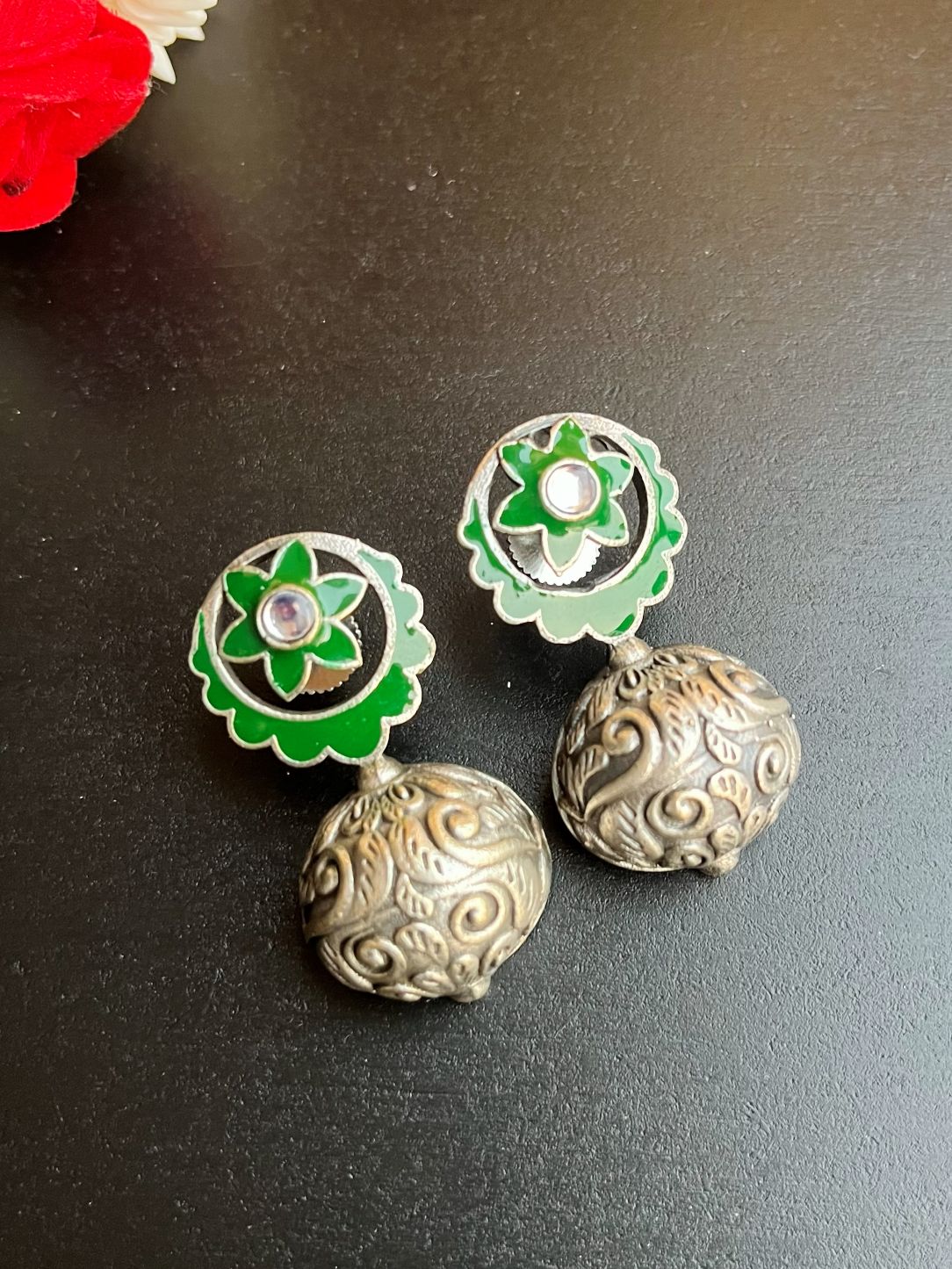 Shop Faria Green Enamel Earrings Antique Silver online in India. Shop oxidized jewellery for festivals and office and daily wearing in affordable range.