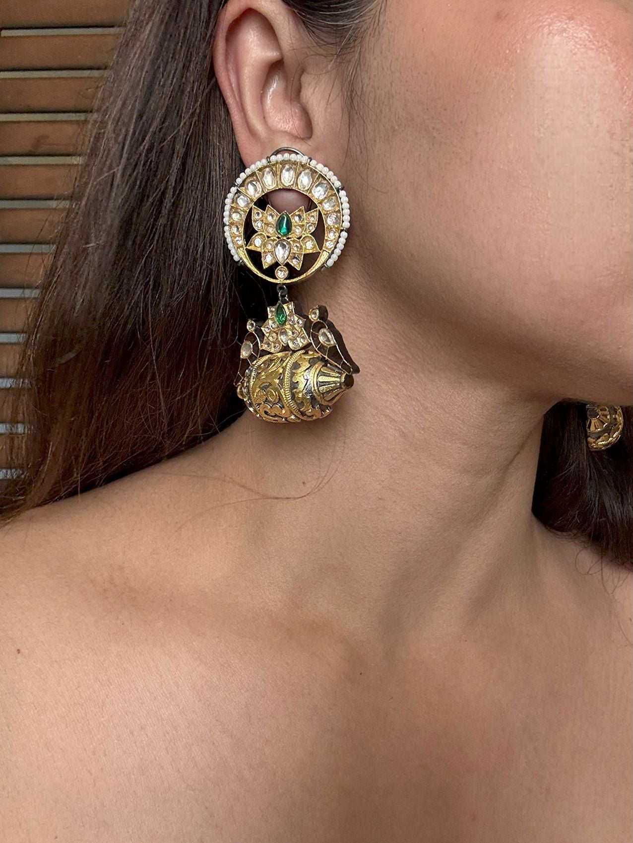 Shop Shabnami Pure Brass Kundan Antique Earrings online in India. Shop from an exclusive range of CZ jewellery, gold plated, silver, mehendi polish earrings. -side