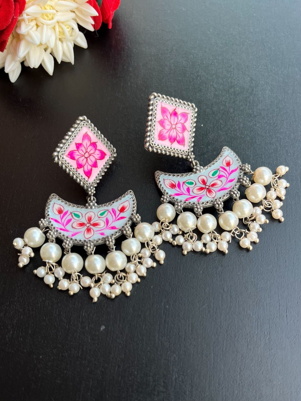 Shop Pearl Drops Hand Painted Minakari Chandbali In Pink online in India. Shop oxidized jewellery for festivals and office and daily wearing in affordable range.