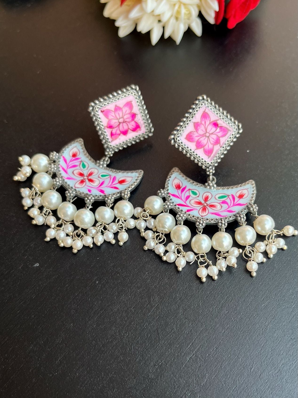 Shop Pearl Drops Hand Painted Minakari Chandbali In Pink online in India. Shop oxidized jewellery for festivals and office and daily wearing in affordable range.-second