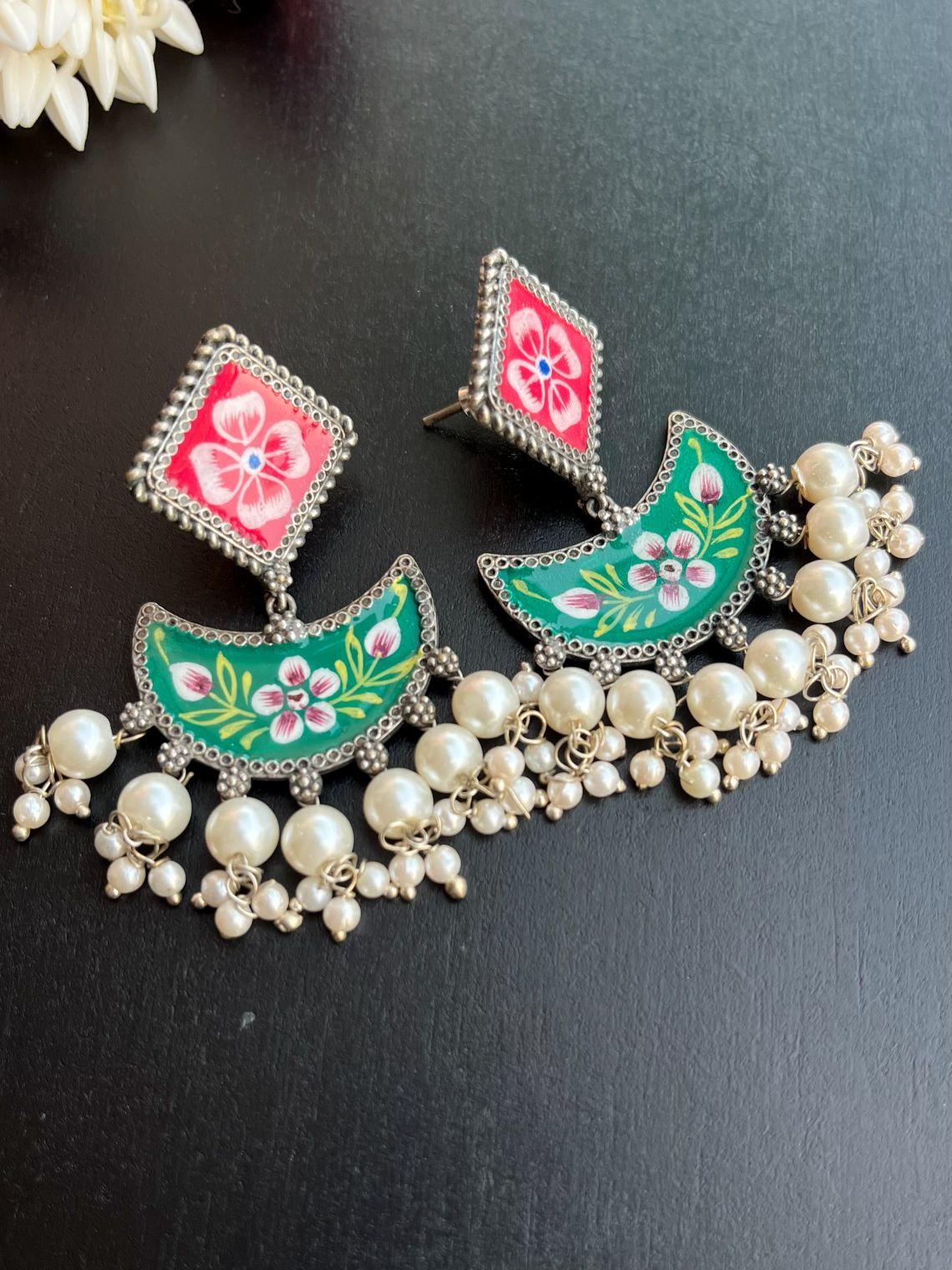Shop Pearl Drops Hand Painted Minakari Chandbali In Green online in India. Shop oxidized jewellery for festivals and office and daily wearing in affordable range.-second