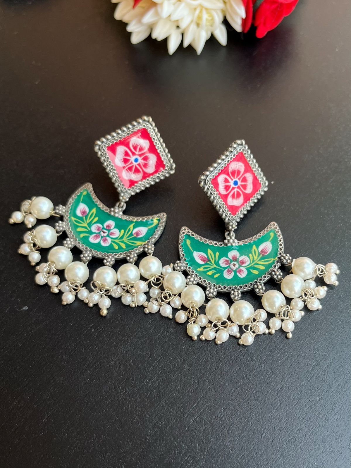 Shop Pearl Drops Hand Painted Minakari Chandbali In Green online in India. Shop oxidized jewellery for festivals and office and daily wearing in affordable range.-first