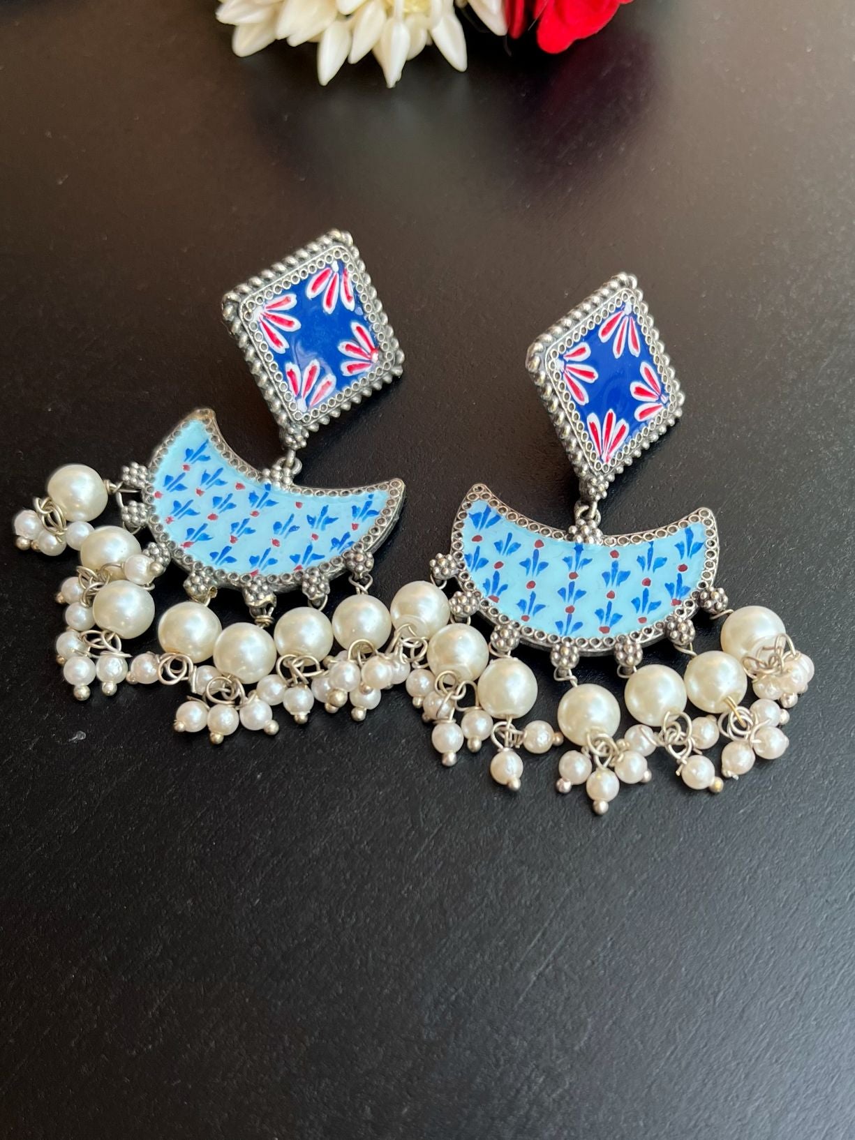 Shop Pearl Drops Hand Painted Minakari Chandbali In Blue online in India. Shop oxidized jewellery for festivals and office and daily wearing in affordable range.-second