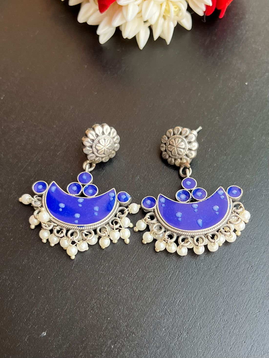 Buy Pearl Drops Mystical Moon Blue Small Chandbali Earrings online in India. Shop oxidized jewellery for festivals and office and daily wearing in affordable range.-first