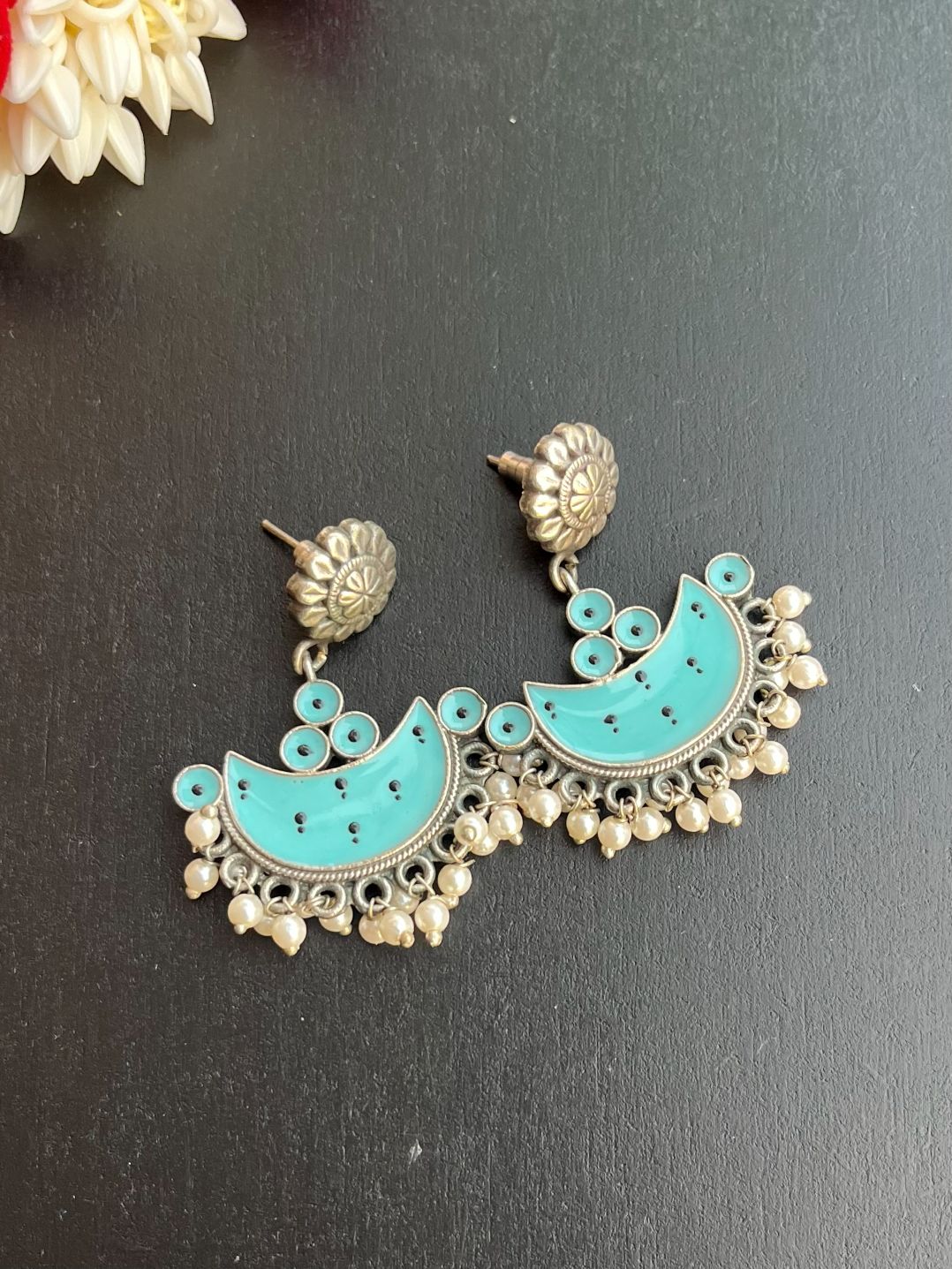 Buy Pearl Drops Mystical Moon Light Blue Small Chandbali Earrings online in India. Shop oxidized jewellery for festivals and office and daily wearing in affordable range.-first