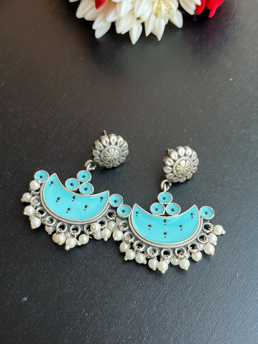 Buy Pearl Drops Mystical Moon Light Blue Small Chandbali Earrings online in India. Shop oxidized jewellery for festivals and office and daily wearing in affordable range.-side