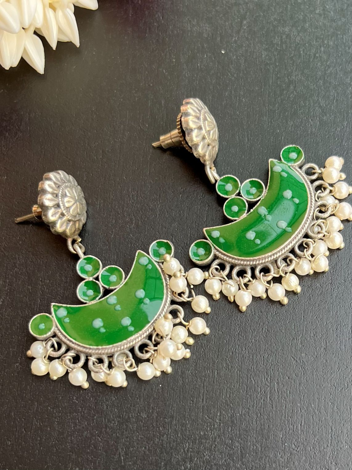 Buy Pearl Drops Mystical Moon Green Small Chandbali Earrings online in India. Shop oxidized jewellery for festivals and office and daily wearing in affordable range. -front