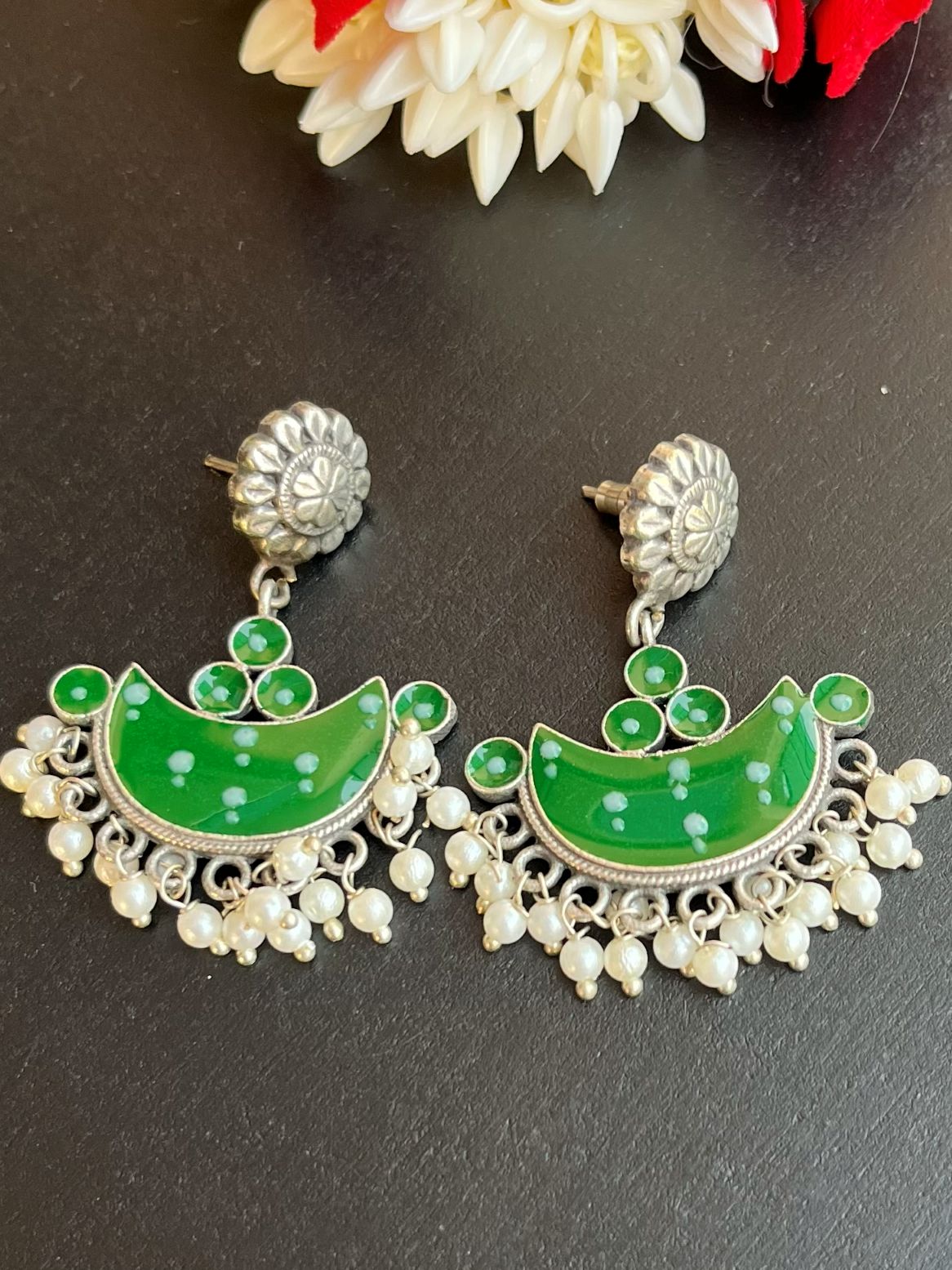 Buy Pearl Drops Mystical Moon Green Small Chandbali Earrings online in India. Shop oxidized jewellery for festivals and office and daily wearing in affordable range.-side