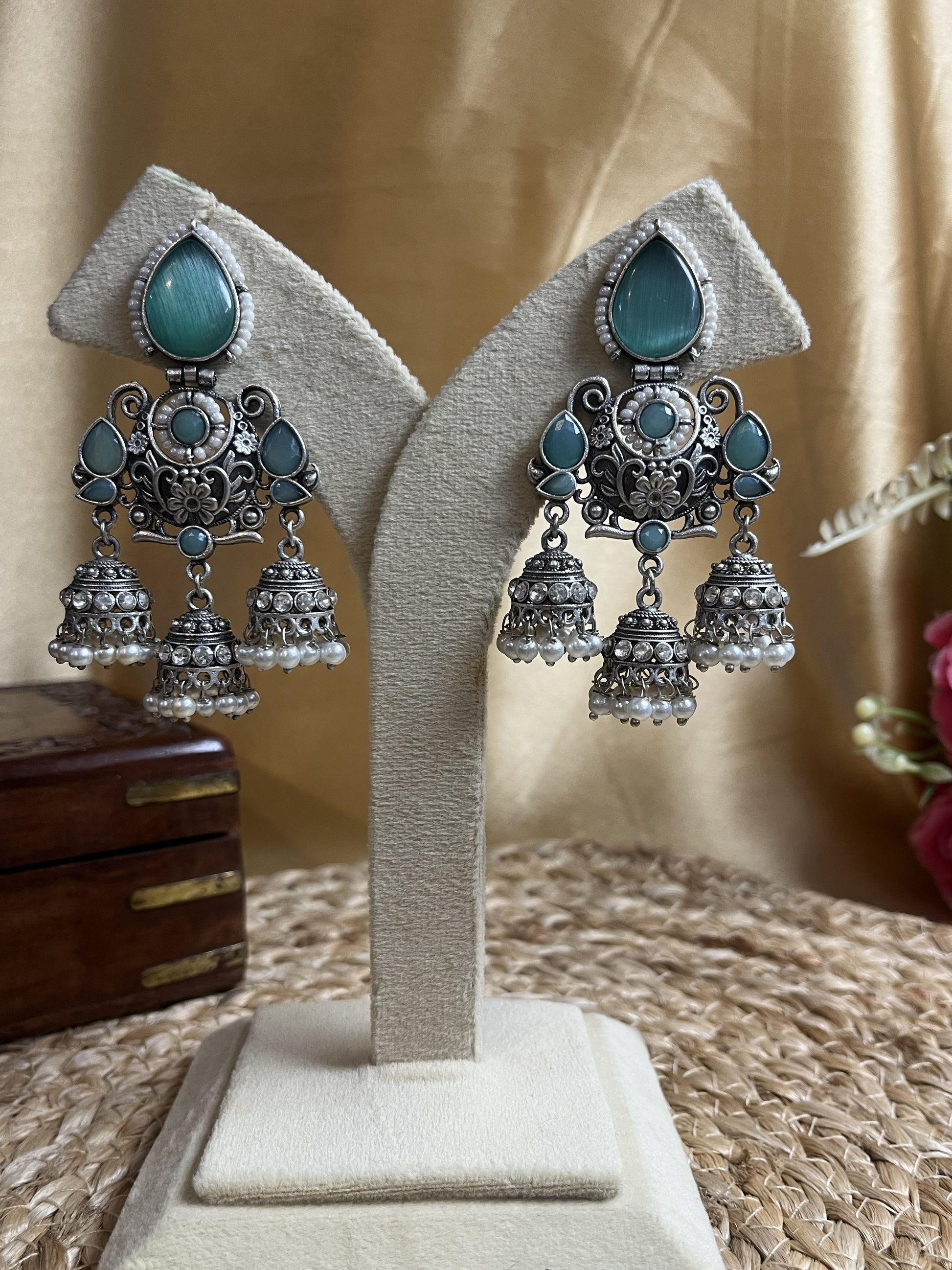 Buy Oxidised Sea Green Traditional Dangler Earrings online in India. Shop oxidized jewellery for festivals and office and daily wearing in affordable range.