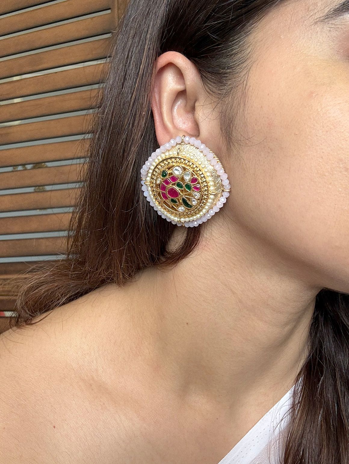 Shop Meenkari Kundan Heavy Jadaau Studs online in India. Shop from an exclusive range of CZ jewellery, gold plated, silver, mehendi polish earrings. -side