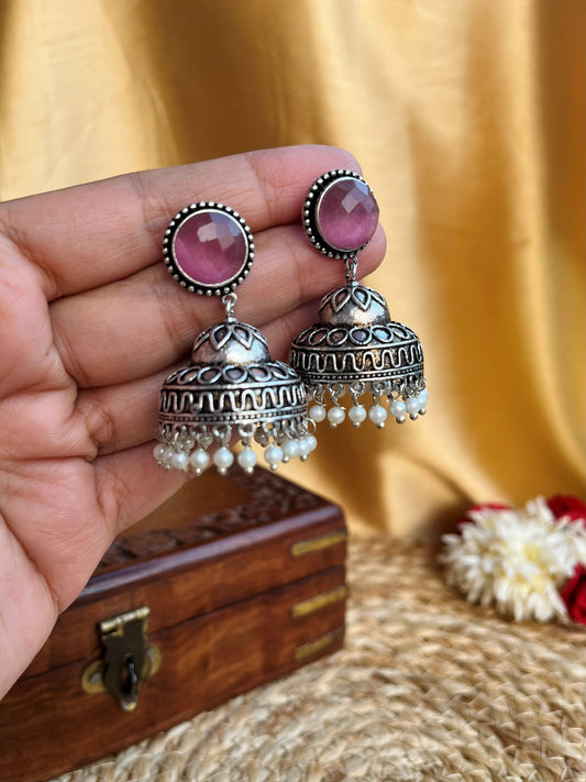 Buy Avantika Pink Stone Oxidized Jhumka Earrings online in India. Shop oxidized jewellery for festivals and office and daily wearing in affordable range.