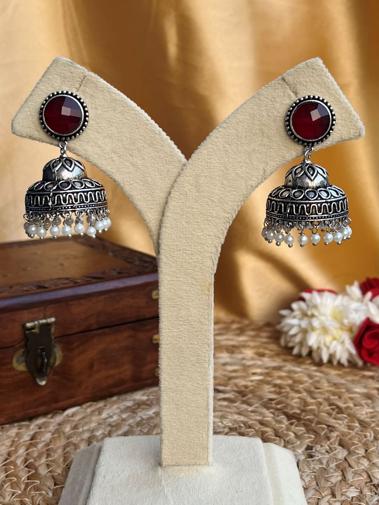 Buy Avantika Red Stone Oxidized Jhumka Earrings online in India. Shop oxidized jewellery for festivals and office and daily wearing in affordable range.