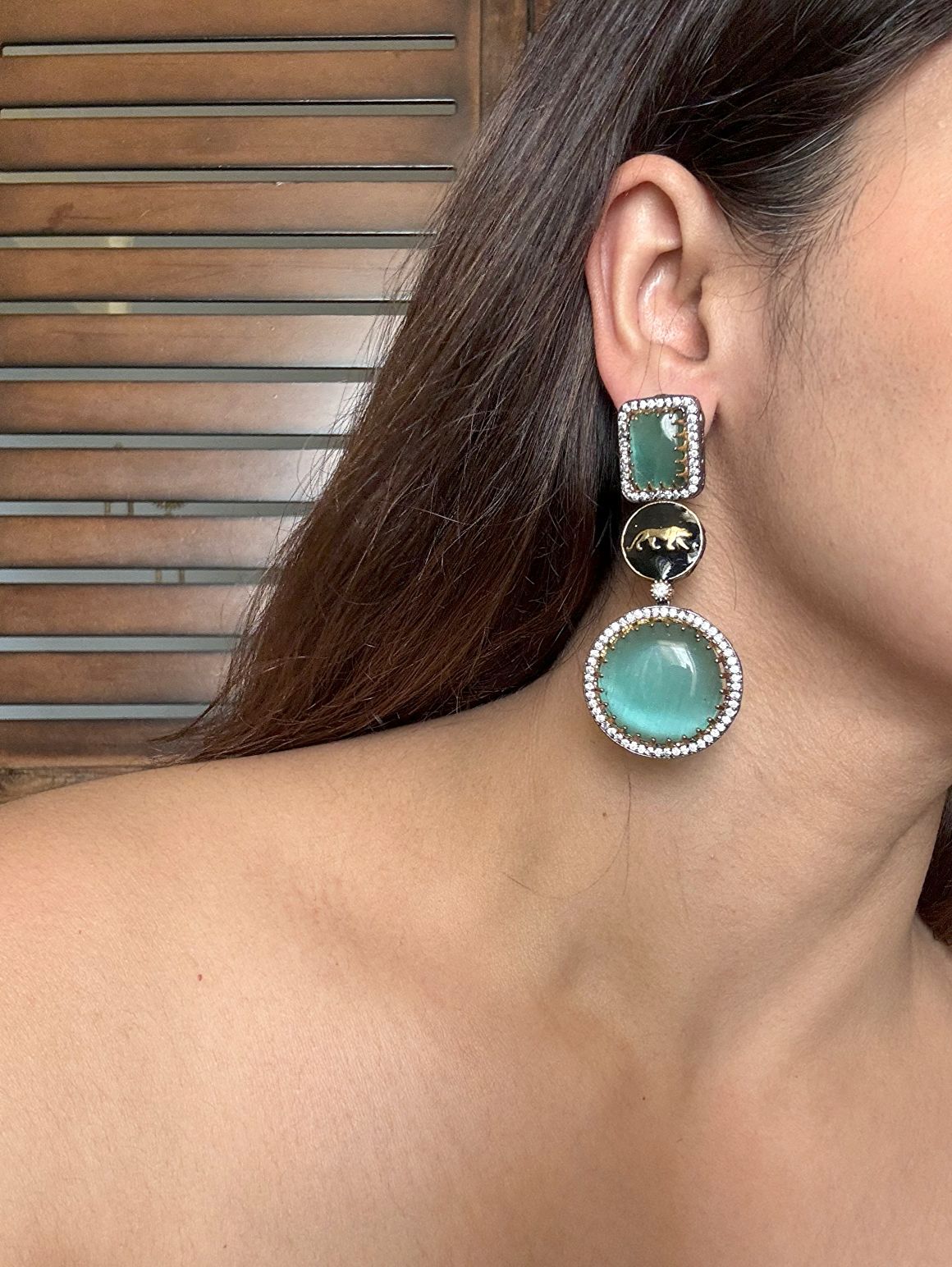 Shop Sabya Inspired Doublet Heavy AD Earrings In Mint Green online in India. Shop from an exclusive range of CZ jewellery, gold plated, silver, mehendi polish earrings. -side