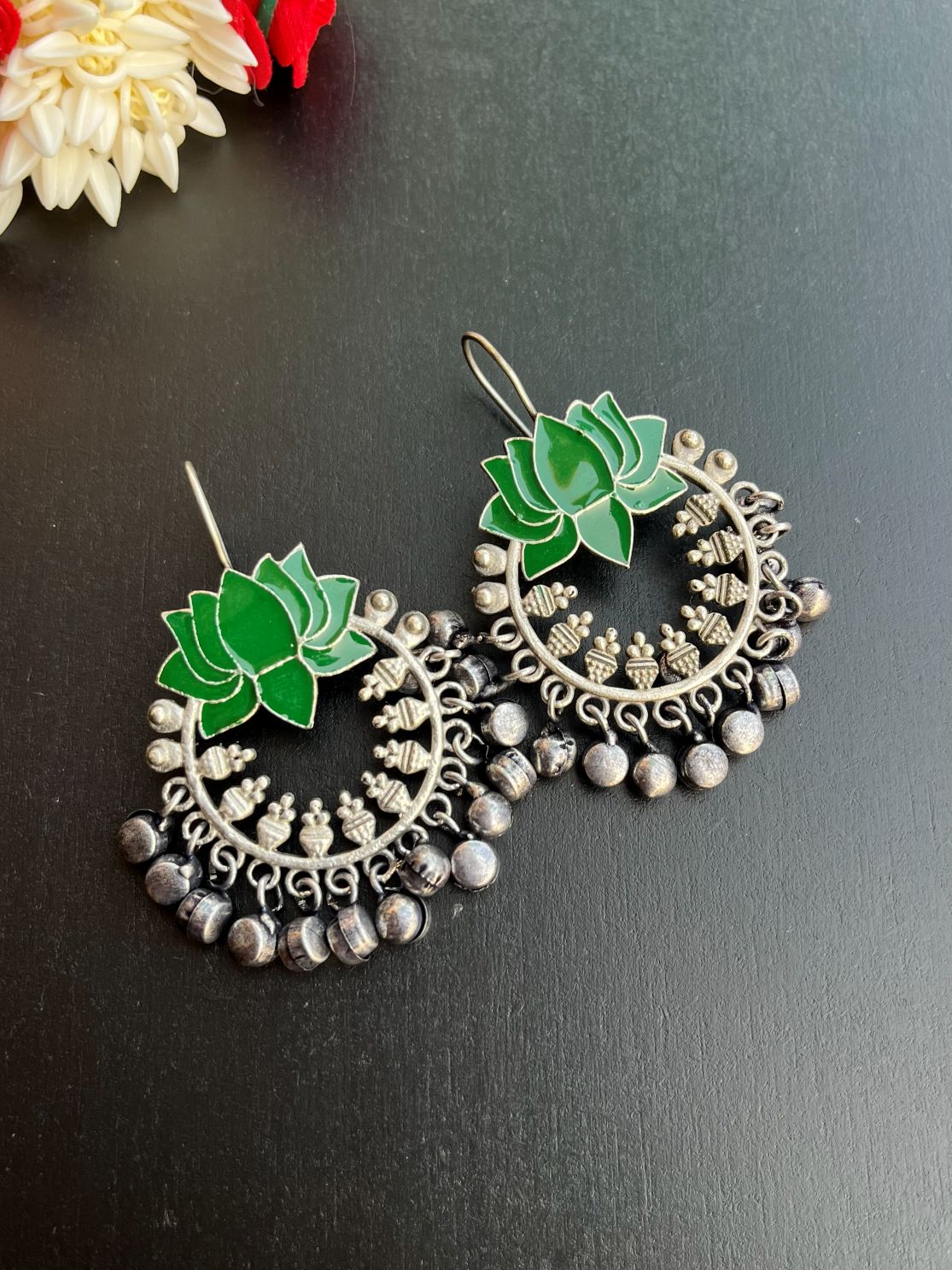 Buy Lotus Green Meenakari Ghungroo Chandbali Earrings online in India. Shop oxidized jewellery for festivals and office and daily wearing in affordable range.