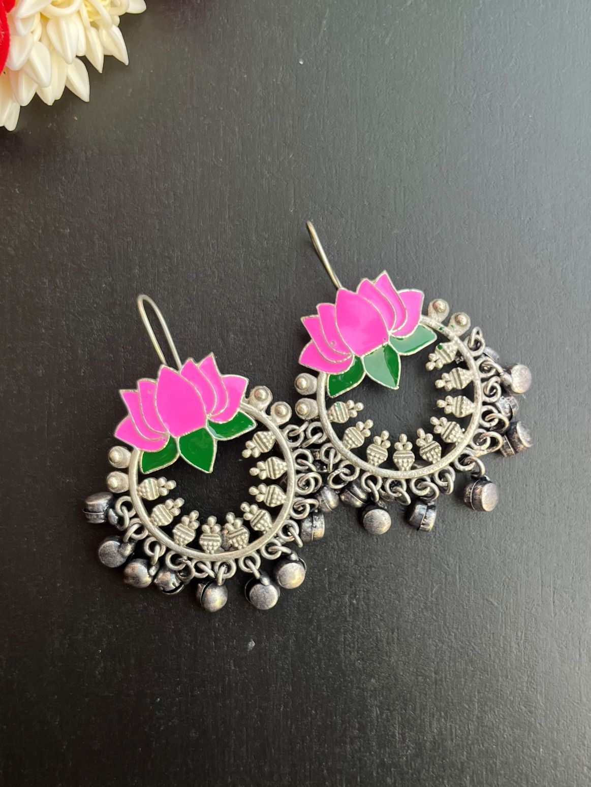 Buy Lotus Neon Pink Meenakari Ghungroo Chandbali Earrings online in India. Shop oxidized jewellery for festivals and office and daily wearing in affordable range.