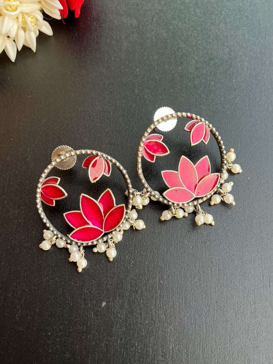 Buy Hand Painted Pearl Drops Lotus Oxidized Stud Earrings In Pink online in India. Shop oxidized jewellery for festivals and office and daily wearing in affordable range.