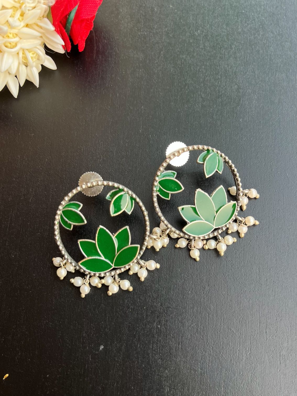 Buy Hand Painted Pearl Drops Lotus Oxidized Stud Earrings In Green online in India. Shop oxidized jewellery for festivals and office and daily wearing in affordable range.