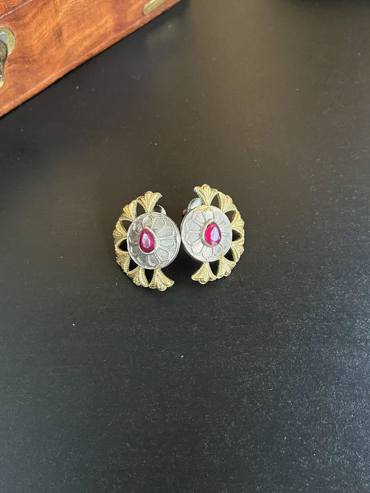 Buy Dual Tone Oxidized Silver Stud Earrings In Red Stone online in India. Shop oxidized jewellery for festivals and office and daily wearing in affordable range.
