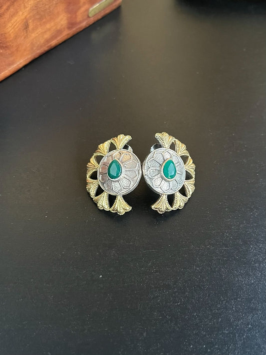 Buy Dual Tone Oxidized Silver Stud Earrings In Green Stone online in India. Shop oxidized jewellery for festivals and office and daily wearing in affordable range.