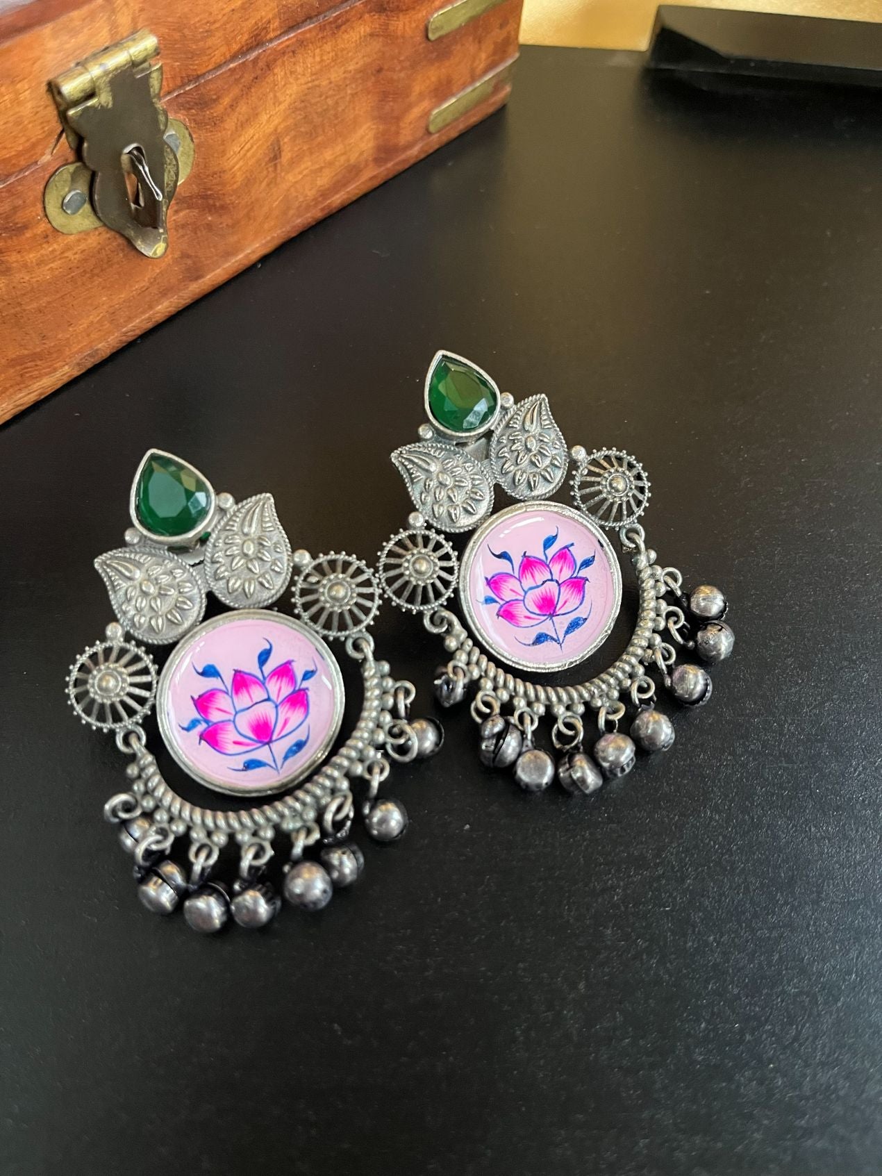 ER25A177 Pink Enamel Hand Painted Chandbali Gungroo Earrings
