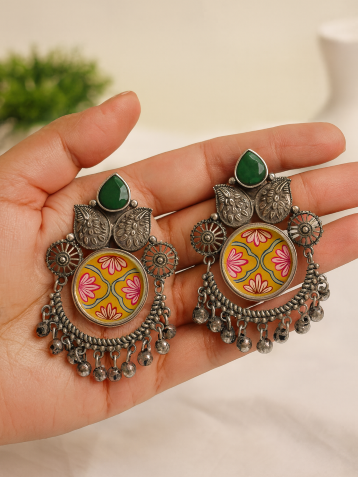 Buy Multi-Coloured Enamel Hand Painted Chandbali Gungroo Earrings online in India. Shop oxidized jewellery for festivals and office and daily wearing in affordable range.