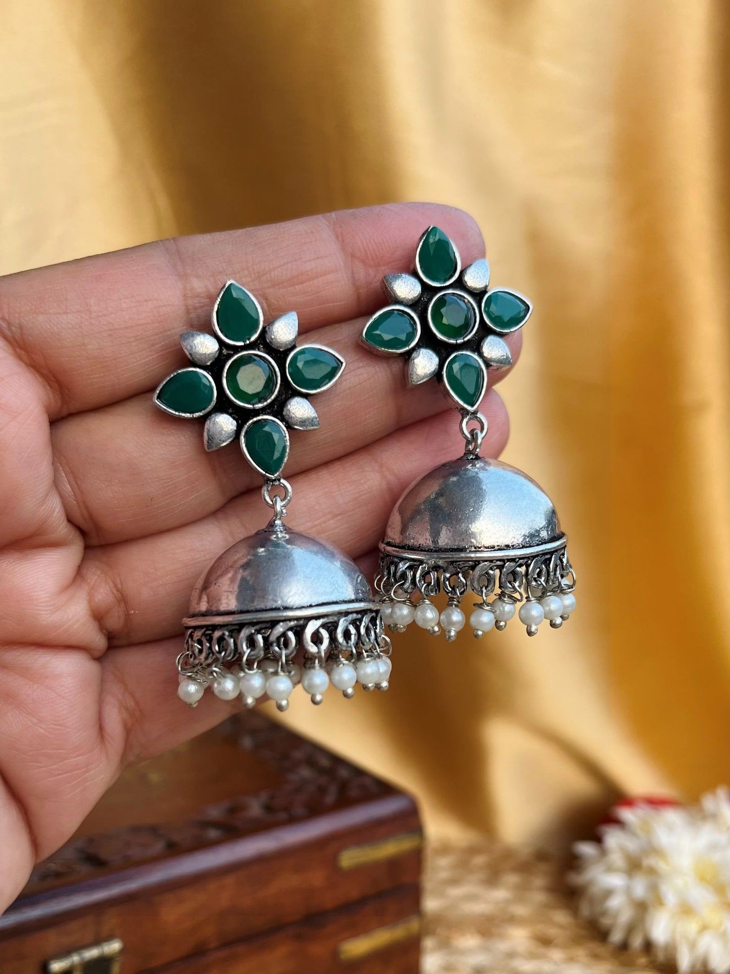 Buy Naima Green Stone Oxidised Jhumka Earrings online in India. Shop oxidized jewellery for festivals and office and daily wearing in affordable range.
