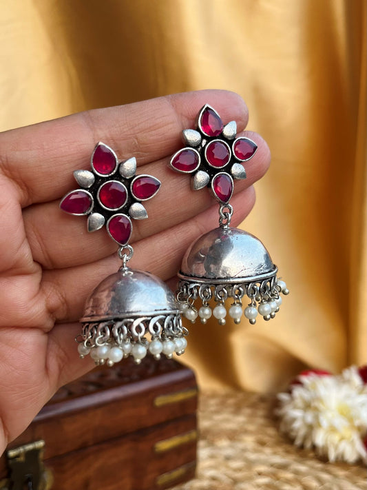 Buy Naima Red Stone Oxidised Jhumka Earrings online in India. Shop oxidized jewellery for festivals and office and daily wearing in affordable range.
