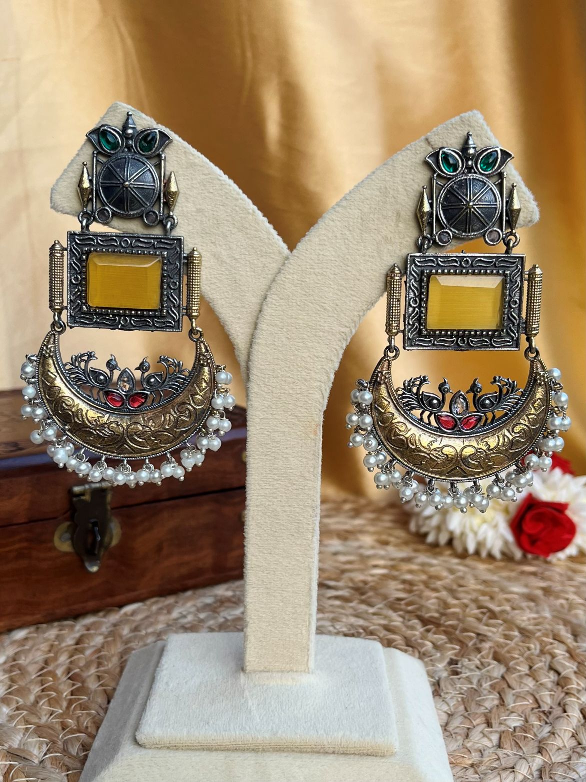 Buy Meera Heavy Oxidised Dual Tone Earrings In Yellow Stone online in India. Shop oxidized jewellery for festivals and office and daily wearing in affordable range.