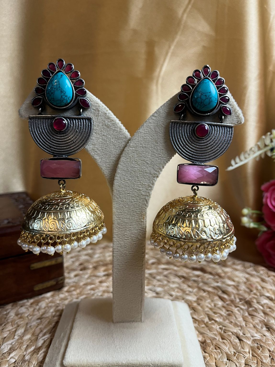 Buy Samhita Pearl Drop Dual Tone Heavy Jhumka Earrings online in India. Shop oxidized jewellery for festivals and office and daily wearing in affordable range.