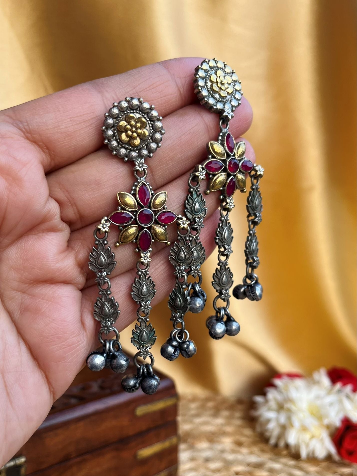 Buy Antique Dual Tone Dangler Oxidised Earrings In Red online in India. Shop oxidized jewellery for festivals and office and daily wearing in affordable range.