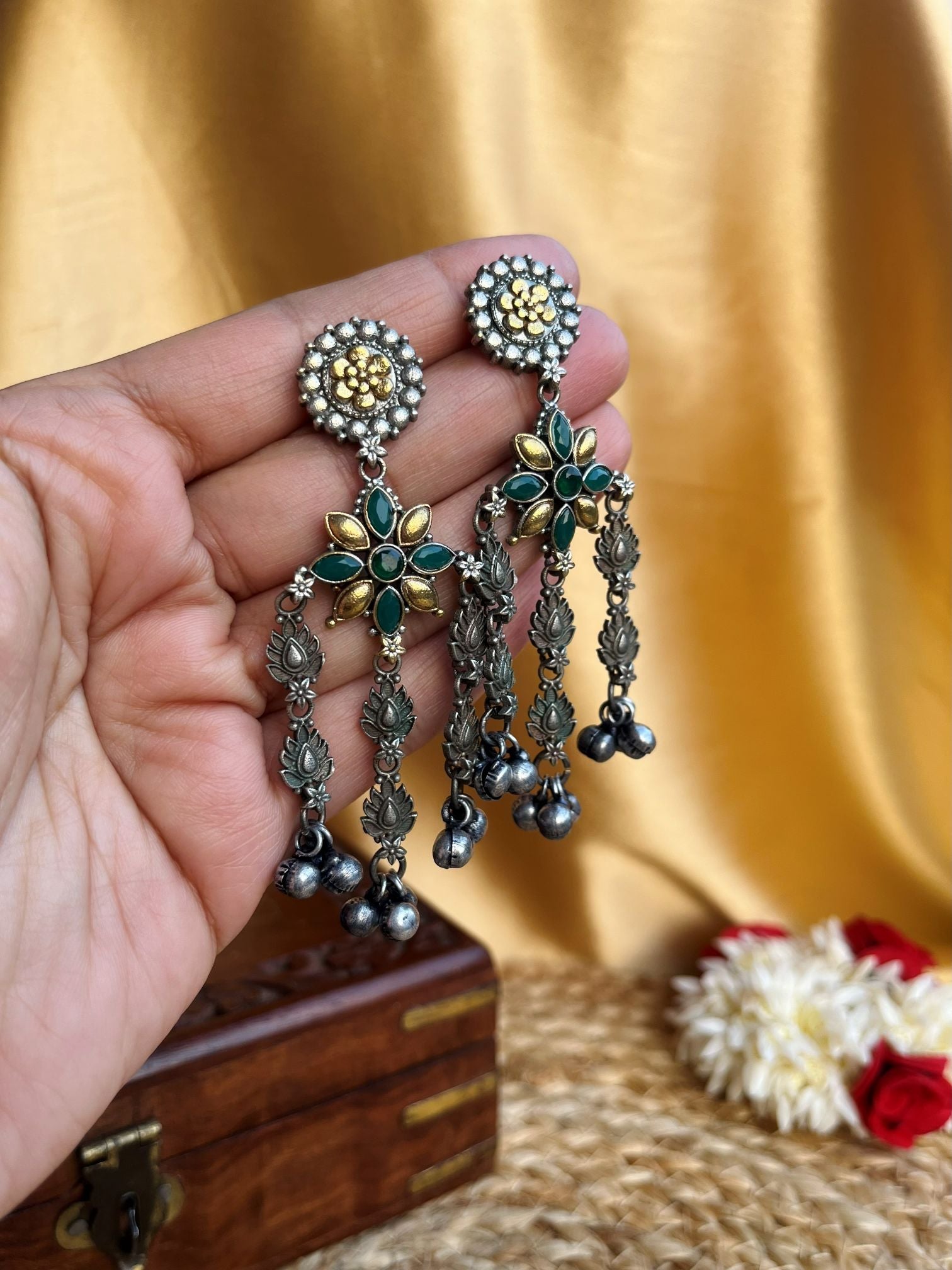 Buy Antique Dual Tone Dangler Oxidised Earrings In Green online in India. Shop oxidized jewellery for festivals and office and daily wearing in affordable range.