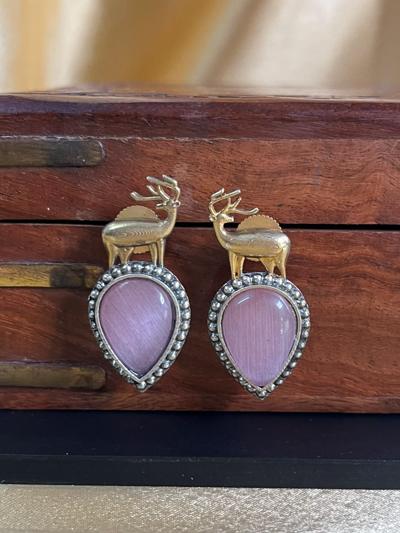 ER25A184 Monalisa Pink Stone Deer Shaped Stud Earrings