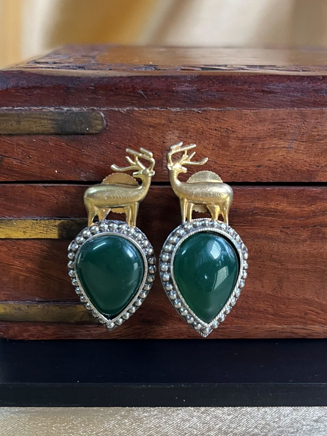 Buy Monalisa Green Stone Deer Shaped Stud Earrings online in India. Shop oxidized jewellery for festivals and office and daily wearing in affordable range.
