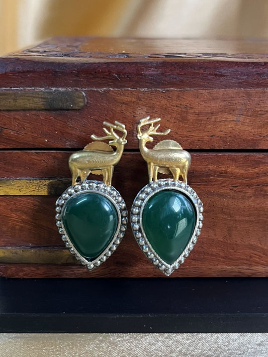 Buy Monalisa Green Stone Deer Shaped Stud Earrings online in India. Shop oxidized jewellery for festivals and office and daily wearing in affordable range.