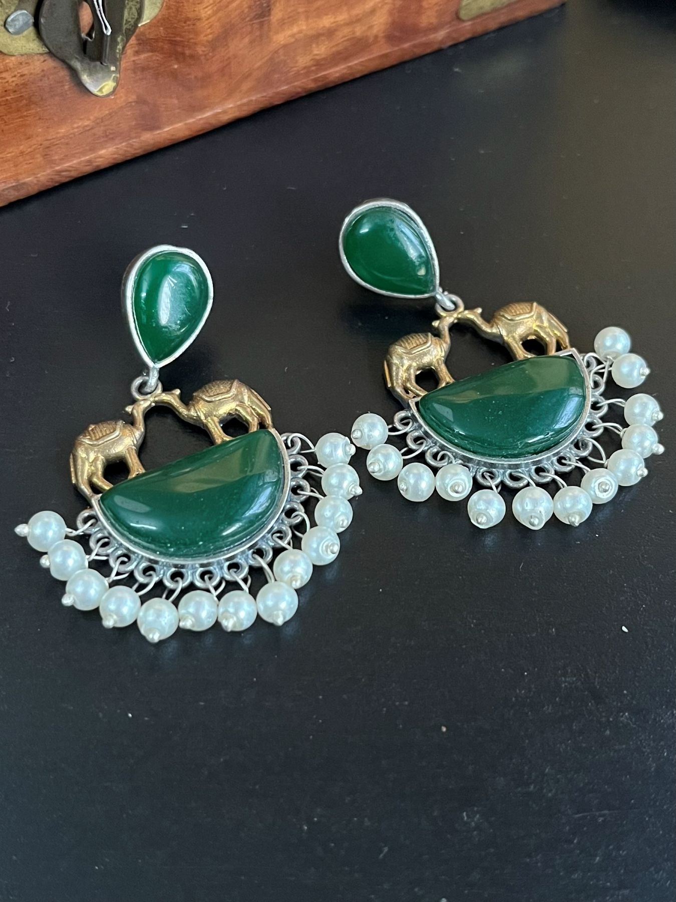 Buy Monalisa Green Stone Silver Lookalike Dual Tone Earrings online in India. Shop oxidized jewellery for festivals and office and daily wearing in affordable range.