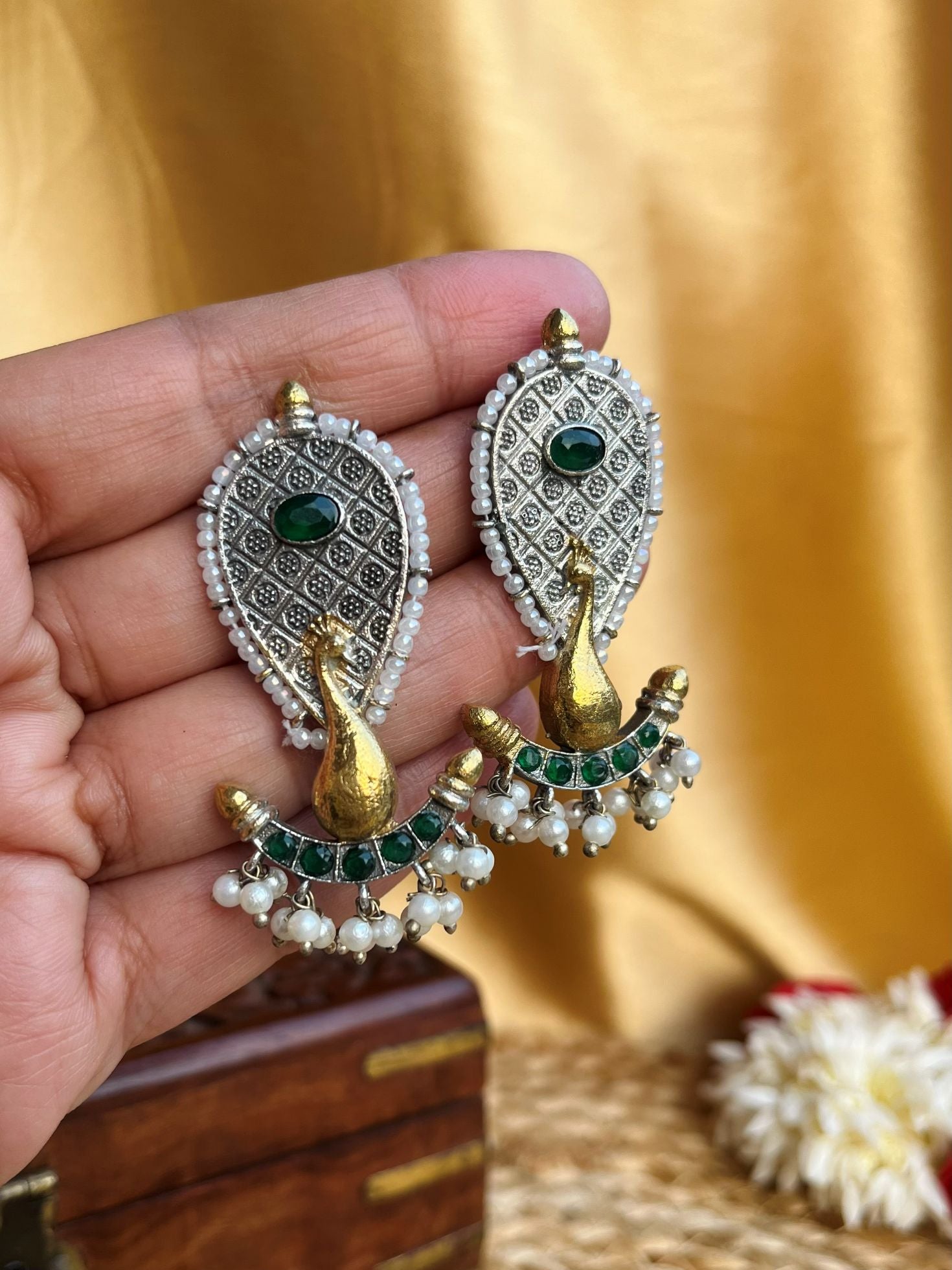 Buy Peacock Design Dual Tone Antique Look Earrings In Green online in India. Shop oxidized jewellery for festivals and office and daily wearing in affordable range.